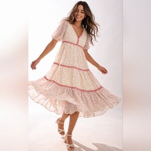 NWT Baevely Floral Tiered Puff Sleeve Midi Dress Size L